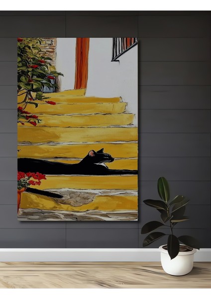 Sarı Merdivenlerdeki Kara Kedi Yağlı Boya Görünümlü Ahşap Dekoratif Tablo Dikdörtgen Tablo