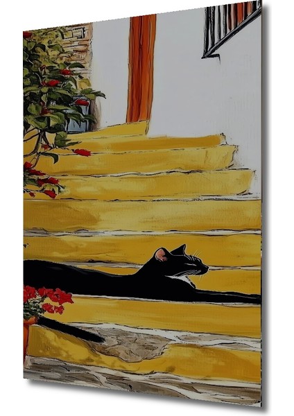 Sarı Merdivenlerdeki Kara Kedi Yağlı Boya Görünümlü Ahşap Dekoratif Tablo Dikdörtgen Tablo modelleri