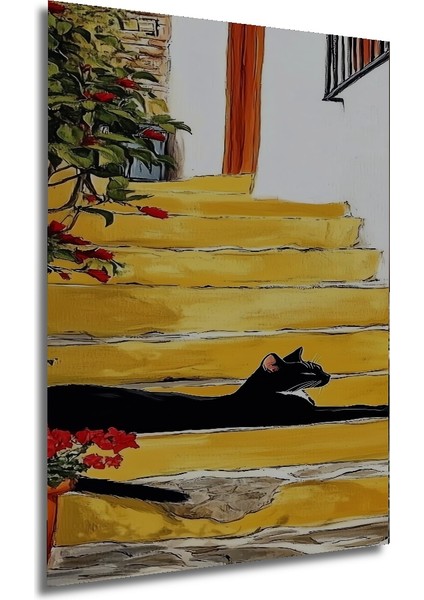 Sarı Merdivenlerdeki Kara Kedi Yağlı Boya Görünümlü Ahşap Dekoratif Tablo Dikdörtgen Tablo fırsatları