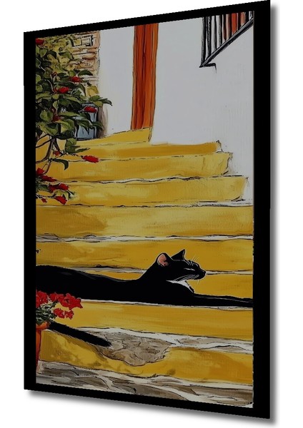 Sarı Merdivenlerdeki Kara Kedi Yağlı Boya Görünümlü Ahşap Dekoratif Tablo Dikdörtgen Tablo indirimleri