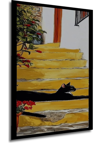 Sarı Merdivenlerdeki Kara Kedi Yağlı Boya Görünümlü Ahşap Dekoratif Tablo Dikdörtgen Tablo