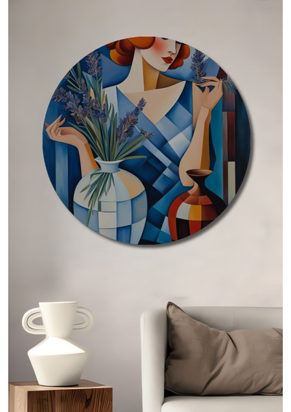 Modern Sanat Lavantalı Kadın Yağlı Boya Görünümlü Dekoratif Ahşap Tablo Yuvarlak Tablo