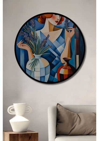 Modern Sanat Lavantalı Kadın Yağlı Boya Görünümlü Dekoratif Ahşap Tablo Yuvarlak Tablo fiyatları