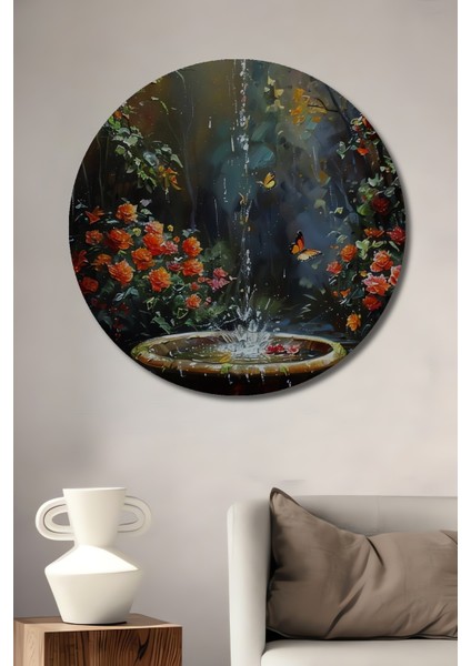 Yağlı Boya Görünümlü Kelebekli Şelale Çiçek Tablosu Ahşap Dekoratif Tablo Yuvarlak Tablo