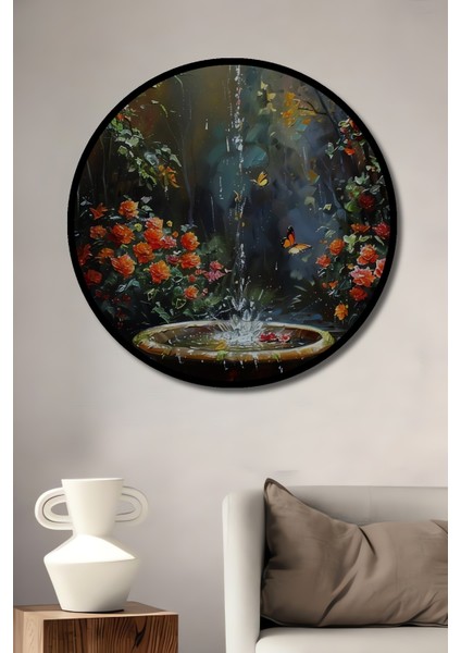 Yağlı Boya Görünümlü Kelebekli Şelale Çiçek Tablosu Ahşap Dekoratif Tablo Yuvarlak Tablo fiyatları