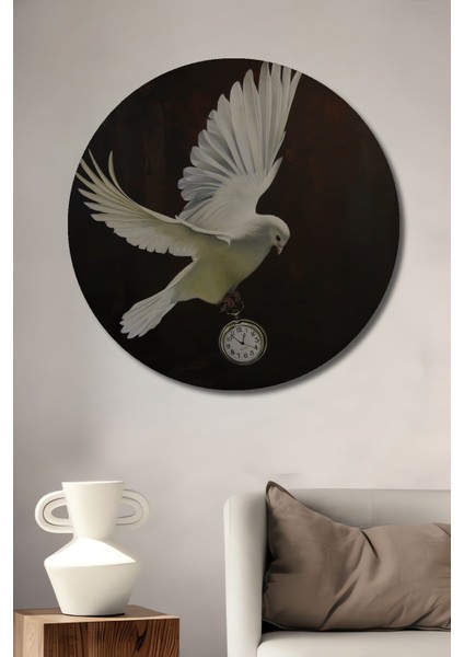 Beyaz Güvercin Cep Saati Yağlı Boya Görünümlü Ahşap Dekoratif Tablo Yuvarlak Tablo