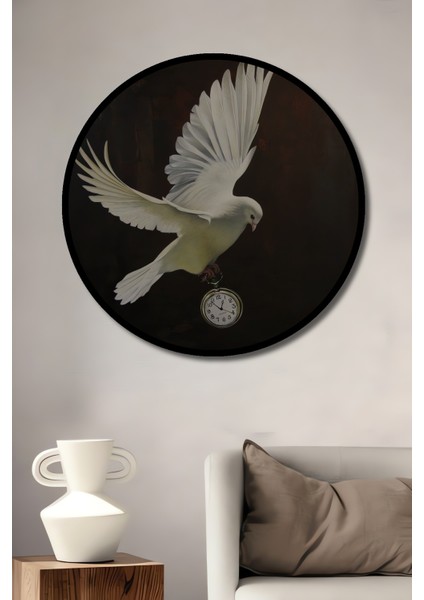 Beyaz Güvercin Cep Saati Yağlı Boya Görünümlü Ahşap Dekoratif Tablo Yuvarlak Tablo fiyatları
