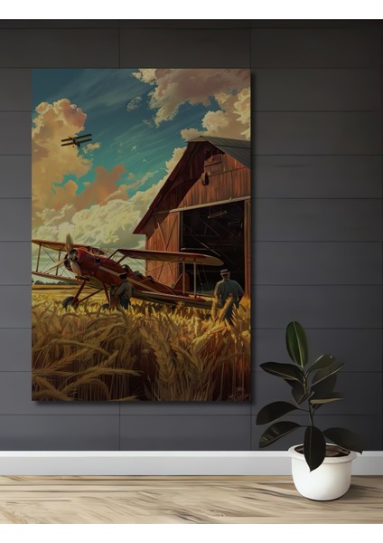 Ahşap Dekoratif Tablo Uçak ve Çiftlik Yağlı Boya Görünümlü Sanat Eseri Dikdörtgen Tablo
