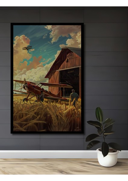 Ahşap Dekoratif Tablo Uçak ve Çiftlik Yağlı Boya Görünümlü Sanat Eseri Dikdörtgen Tablo fiyatları