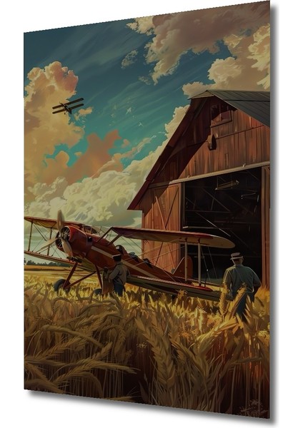 Ahşap Dekoratif Tablo Uçak ve Çiftlik Yağlı Boya Görünümlü Sanat Eseri Dikdörtgen Tablo modelleri
