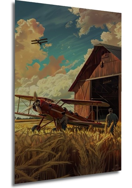 Ahşap Dekoratif Tablo Uçak ve Çiftlik Yağlı Boya Görünümlü Sanat Eseri Dikdörtgen Tablo fırsatları