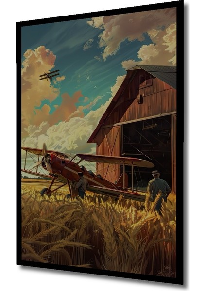 Ahşap Dekoratif Tablo Uçak ve Çiftlik Yağlı Boya Görünümlü Sanat Eseri Dikdörtgen Tablo indirimleri