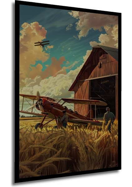 Ahşap Dekoratif Tablo Uçak ve Çiftlik Yağlı Boya Görünümlü Sanat Eseri Dikdörtgen Tablo
