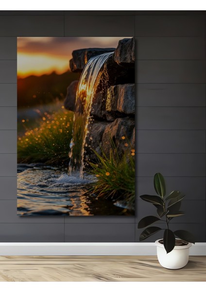 Günbatımında Şelale Yağlı Boya Görünümlü Ahşap Dekoratif Tablo Dikdörtgen Tablo