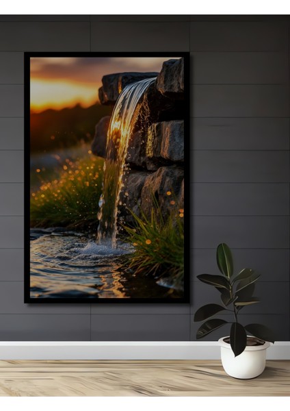 Günbatımında Şelale Yağlı Boya Görünümlü Ahşap Dekoratif Tablo Dikdörtgen Tablo fiyatları