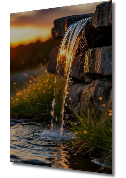 Günbatımında Şelale Yağlı Boya Görünümlü Ahşap Dekoratif Tablo Dikdörtgen Tablo modelleri