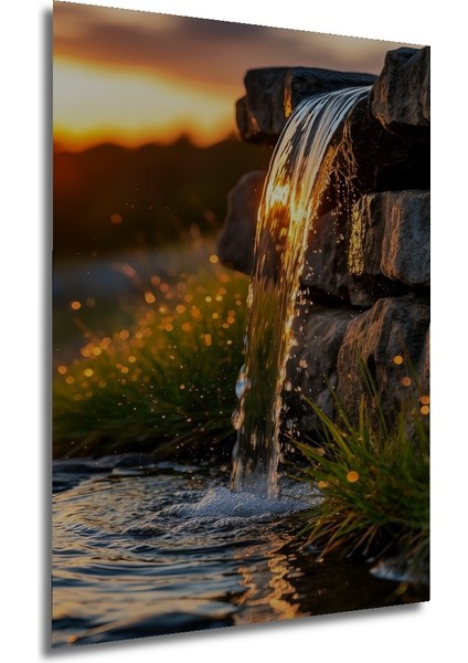 Günbatımında Şelale Yağlı Boya Görünümlü Ahşap Dekoratif Tablo Dikdörtgen Tablo fırsatları