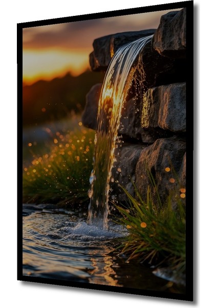 Günbatımında Şelale Yağlı Boya Görünümlü Ahşap Dekoratif Tablo Dikdörtgen Tablo indirimleri
