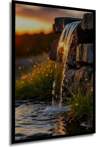 Günbatımında Şelale Yağlı Boya Görünümlü Ahşap Dekoratif Tablo Dikdörtgen Tablo