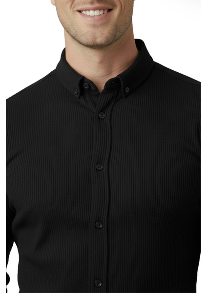 Erkek Siyah Likralı Kumaşı Fitilli Slim Fit Uzun Kollu Gömlek 2500805 indirimleri