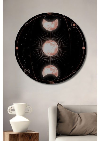 Ayın Gızemlı Döngüsü Yağlı Boya Görünümlü Ahşap Dekoratif Tablo Yuvarlak Tablo