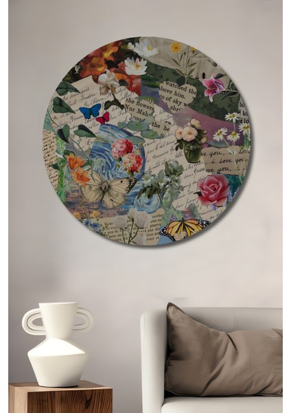 Duygusal Kolaj Kelebek ve Botanik Desenli Yağlı Boya Görünümlü Ahşap Tablo Yuvarlak Tablo