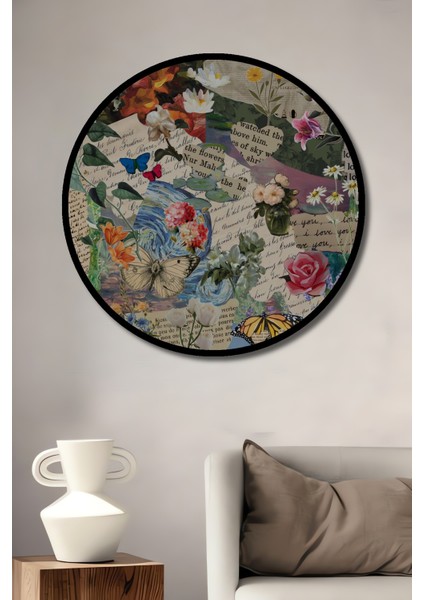 Duygusal Kolaj Kelebek ve Botanik Desenli Yağlı Boya Görünümlü Ahşap Tablo Yuvarlak Tablo fiyatları