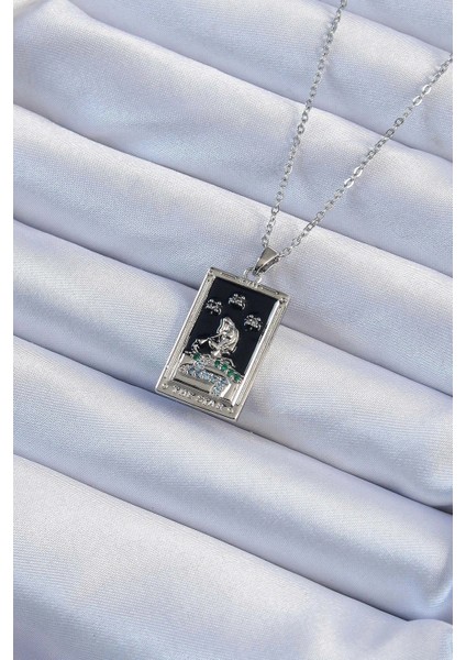 316L Çelik Zincir Gümüş Renk Zirkon Taşlı Siyah Mineli Kız Figürlü Tarot Kolye - TJ-BKO9228