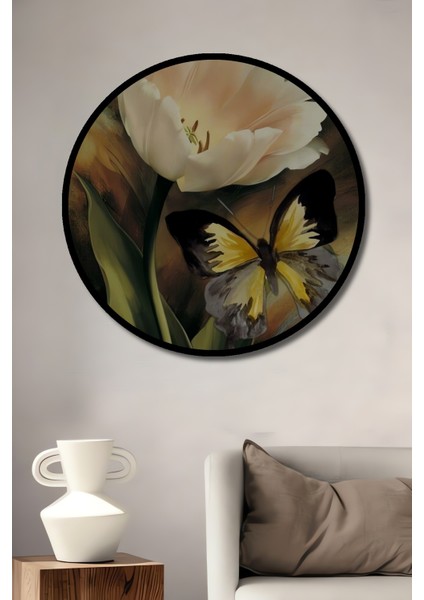 Beyaz Lale Kelebek Yağlı Boya Görünümlü Sanat Dekoratif Ahşap Tablo Yuvarlak Tablo fiyatları