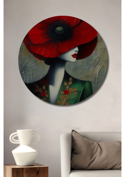 Kırmızı Haşhaş Çiçeği Şapkalı Kadın Yağlı Boya Görünümlü Ahşap Dekoratif Tablo Yuvarlak Tablo