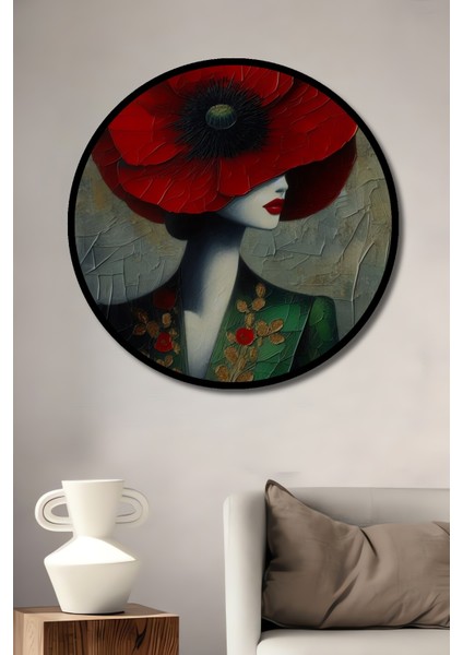 Kırmızı Haşhaş Çiçeği Şapkalı Kadın Yağlı Boya Görünümlü Ahşap Dekoratif Tablo Yuvarlak Tablo fiyatları