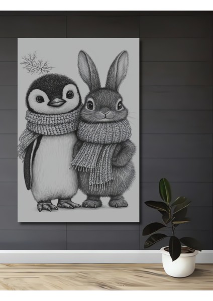 Sevimli Penguen ve Tavşan Kara Kalem Görünümlü Dekoratif Ahşap Tablo Dikdörtgen Tablo