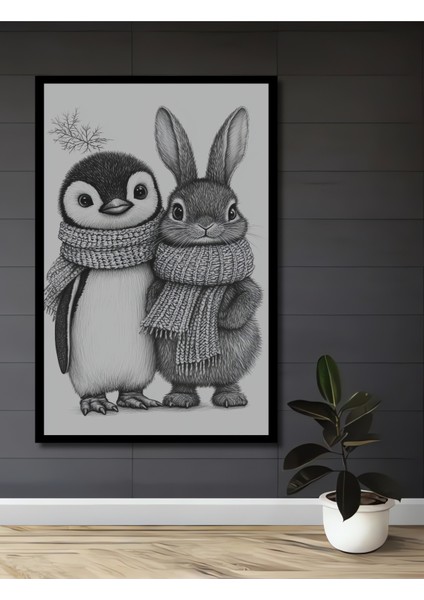 Sevimli Penguen ve Tavşan Kara Kalem Görünümlü Dekoratif Ahşap Tablo Dikdörtgen Tablo fiyatları