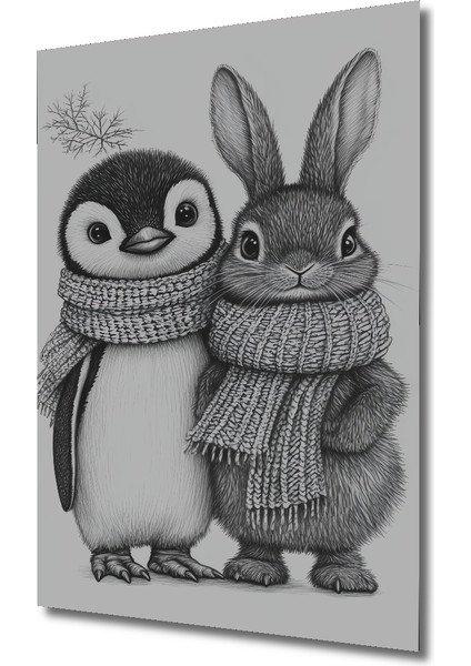 Sevimli Penguen ve Tavşan Kara Kalem Görünümlü Dekoratif Ahşap Tablo Dikdörtgen Tablo modelleri