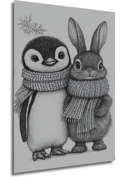 Sevimli Penguen ve Tavşan Kara Kalem Görünümlü Dekoratif Ahşap Tablo Dikdörtgen Tablo fırsatları