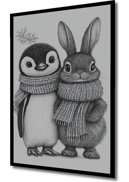 Sevimli Penguen ve Tavşan Kara Kalem Görünümlü Dekoratif Ahşap Tablo Dikdörtgen Tablo indirimleri