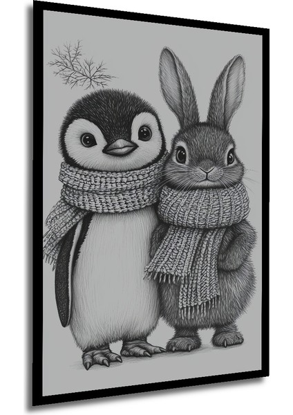 Sevimli Penguen ve Tavşan Kara Kalem Görünümlü Dekoratif Ahşap Tablo Dikdörtgen Tablo