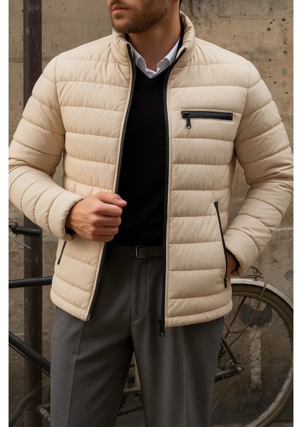 Erkek Kışlık Slim Fit Günlük Krem Şişme Mont