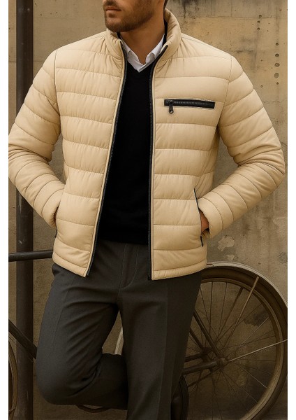 Erkek Kışlık Slim Fit Günlük Krem Şişme Mont modelleri