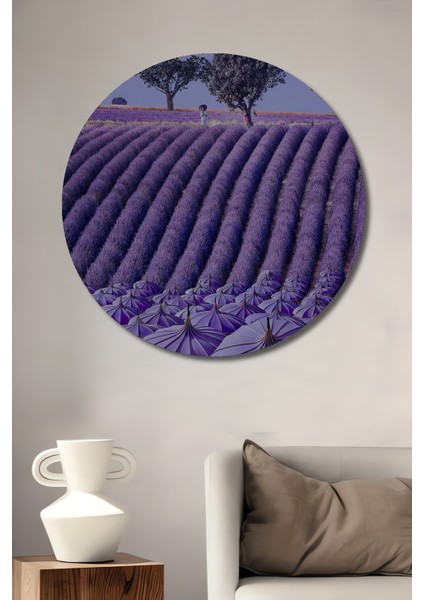 Mor Lavanta Tarlaları Yağlı Boya Görünümlü Ahşap Dekoratif Tablo Yuvarlak Tablo