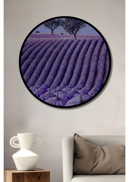 Mor Lavanta Tarlaları Yağlı Boya Görünümlü Ahşap Dekoratif Tablo Yuvarlak Tablo fiyatları