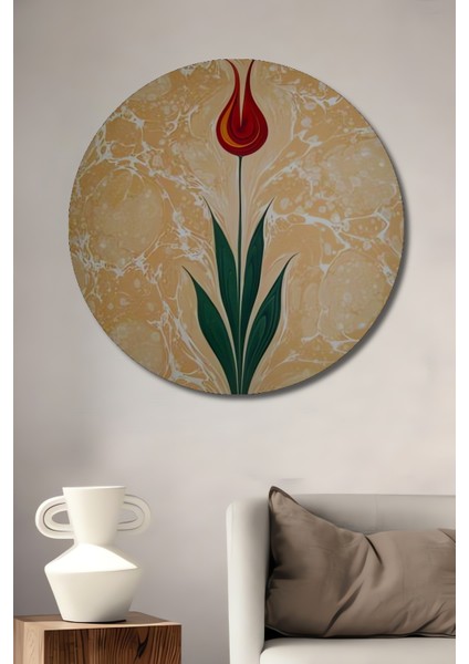 Altın Sulu Boya Görünümlü Lale Sanat Ahşap Dekoratif Tablo Yuvarlak Tablo
