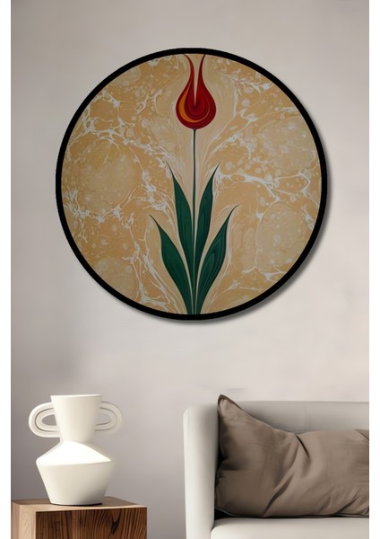 Altın Sulu Boya Görünümlü Lale Sanat Ahşap Dekoratif Tablo Yuvarlak Tablo fiyatları