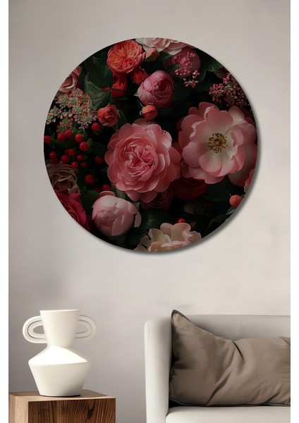 Muhteşem Gül Buketi Yağlı Boya Görünümlü Ahşap Dekoratif Tablo Yuvarlak Tablo