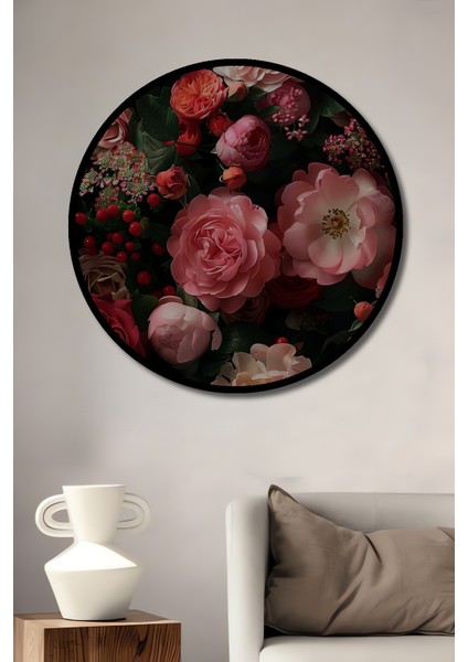 Muhteşem Gül Buketi Yağlı Boya Görünümlü Ahşap Dekoratif Tablo Yuvarlak Tablo fiyatları