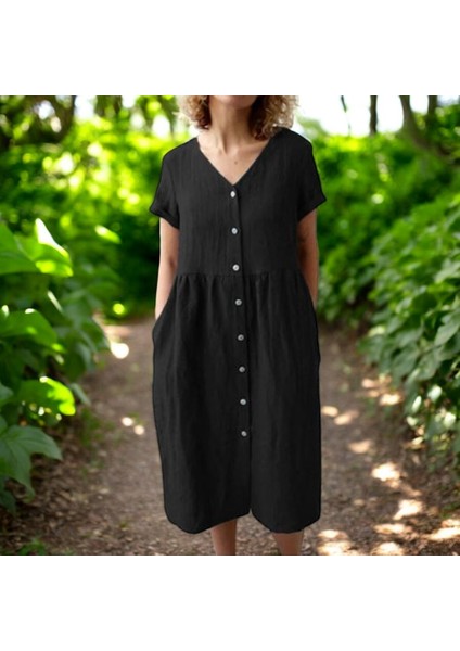 Yazlık V Yaka Kısa Kol Keten Elbise fiyatları