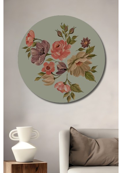 Romantik Gül Bahçesi Yağlı Boya Görünümlü Dekoratif Ahşap Tablo Yuvarlak Tablo