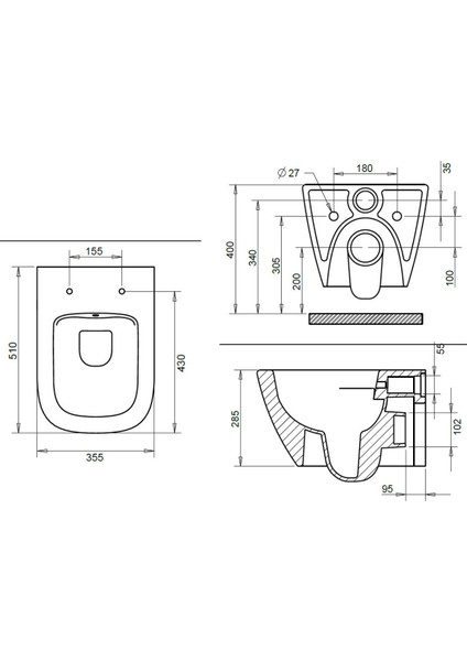 Luna Beyaz Kanalsız Asma Klozet LN5610, Nkp Lento Duroplast Yavaş Kapak