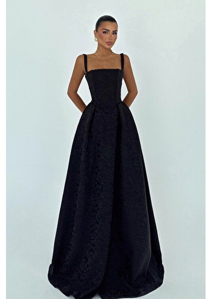 Siyah Lidia Uzun Abiye Elbise ATE-3006