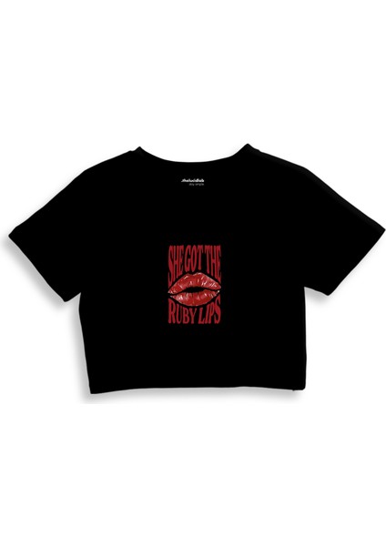 Ruby Lips Crop Tişört - Siyah